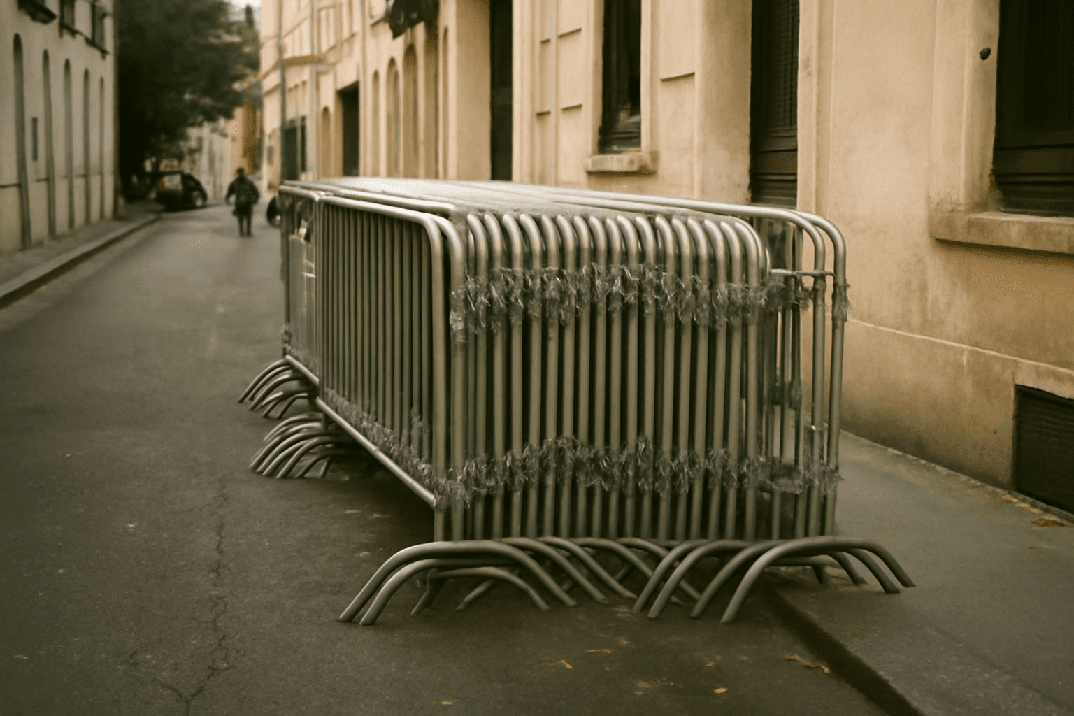 A stack of metal barricades parked along a quiet Paris side street ahead of Saturday's demonstrations.
