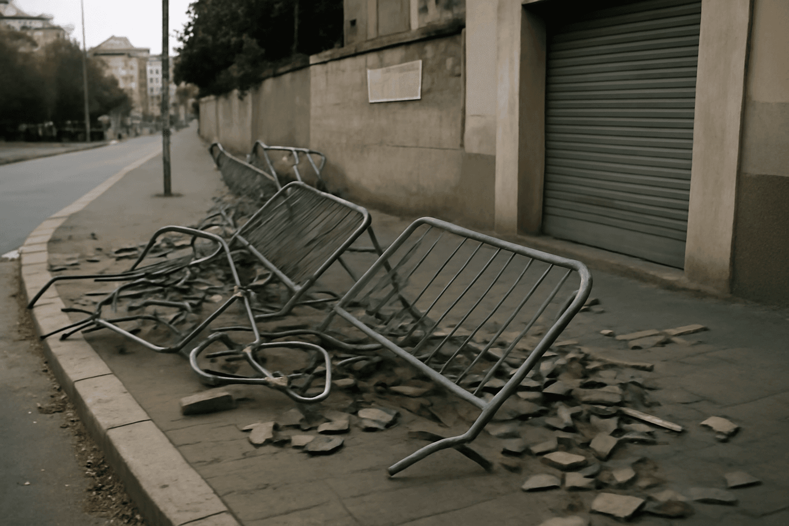 Twisted metal barriers and broken paving stones lie along an empty pavement beside a shuttered school entrance the morning after the clashes.