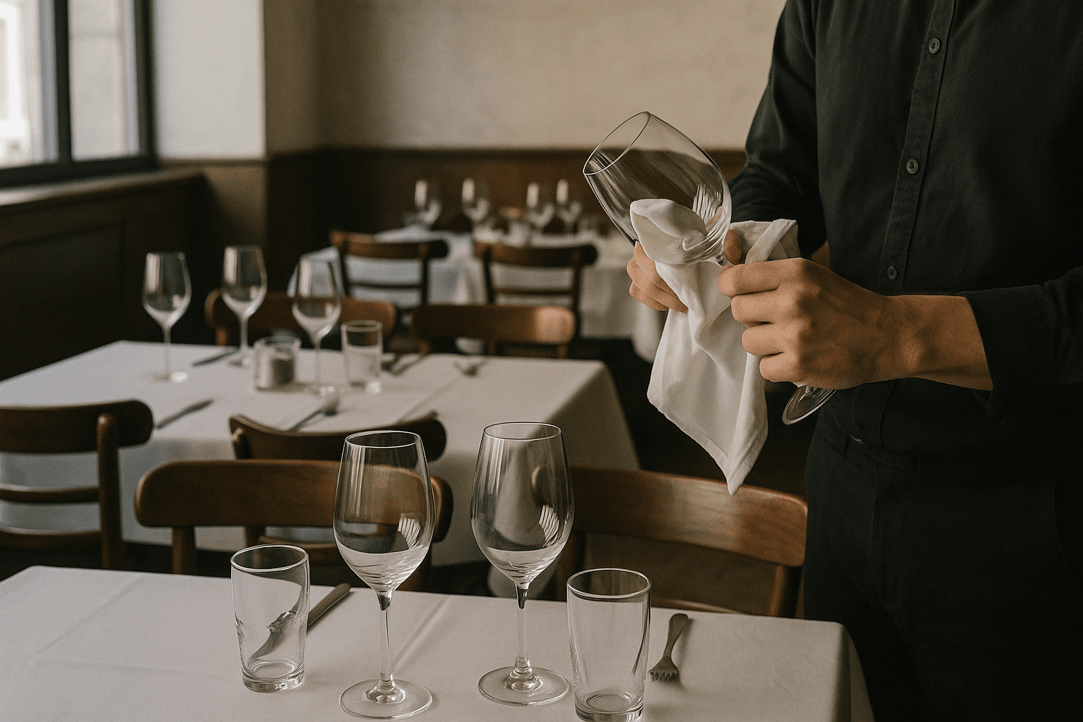 A waiter's hands polishing wine glasses beside a neatly laid table in an empty restaurant dining room before evening service.