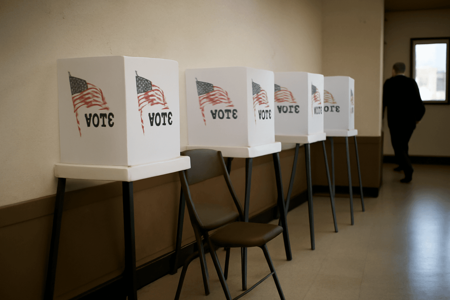 Stacked white voting booths stand in a quiet corner of a California community hall, a folding chair leaning against one of them.