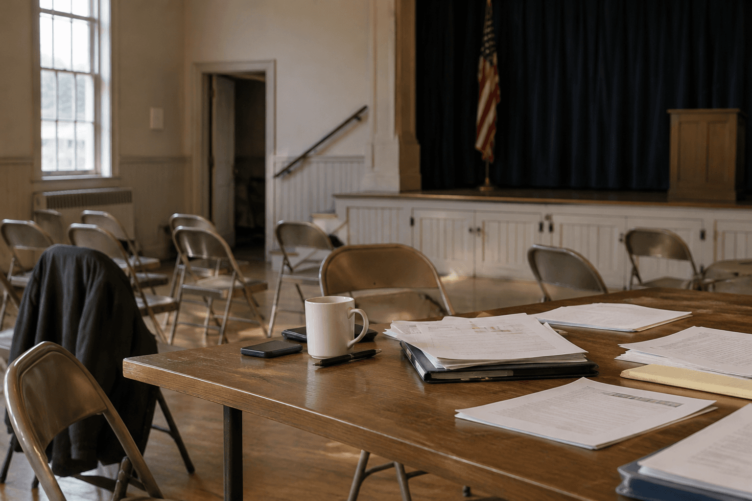 A town hall meeting room after a session, with folding chairs pushed back and local authority papers left on a long table.