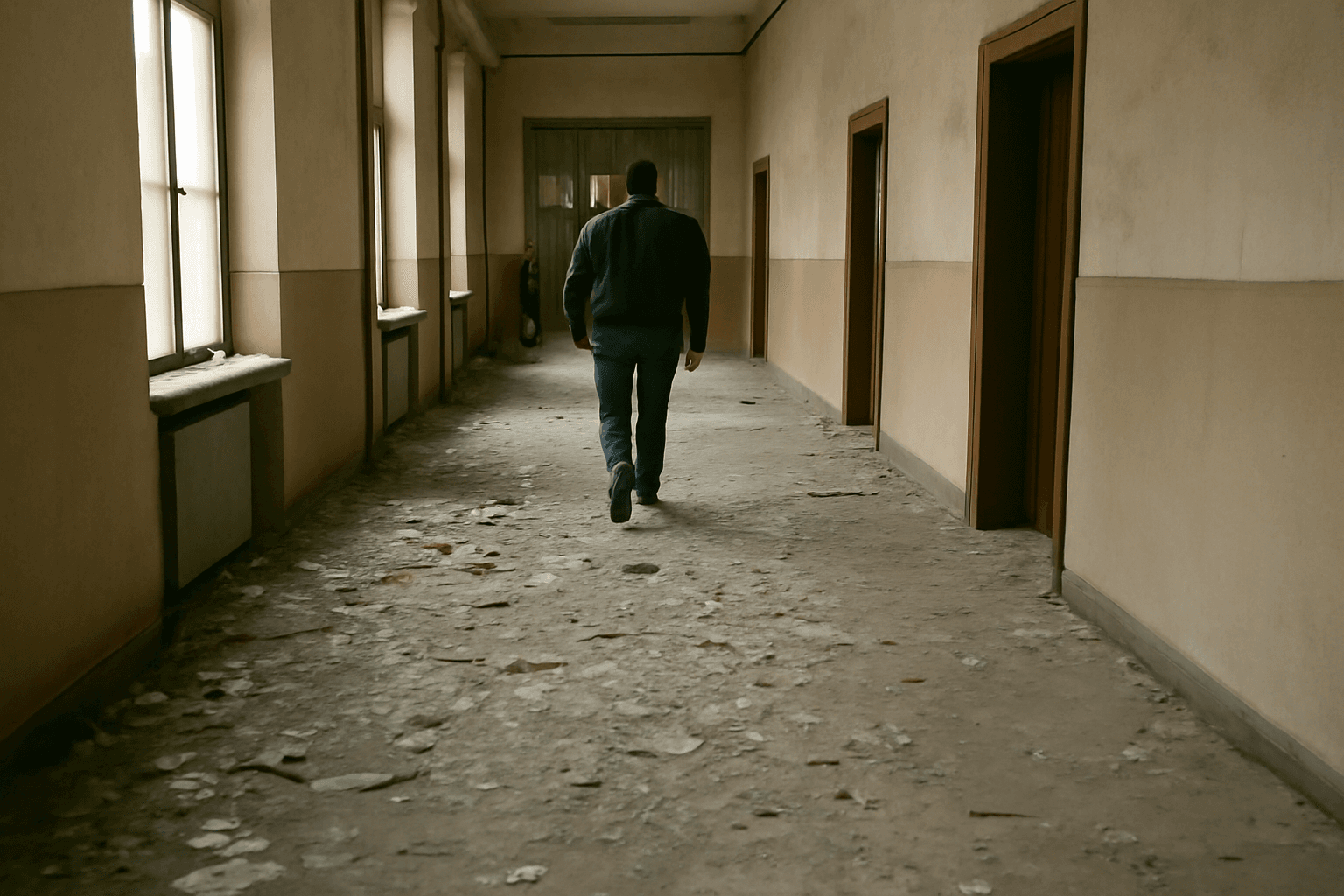 Broken glass and dust across an empty hallway of a government building, a figure seen from behind walking through the debris in daylight.