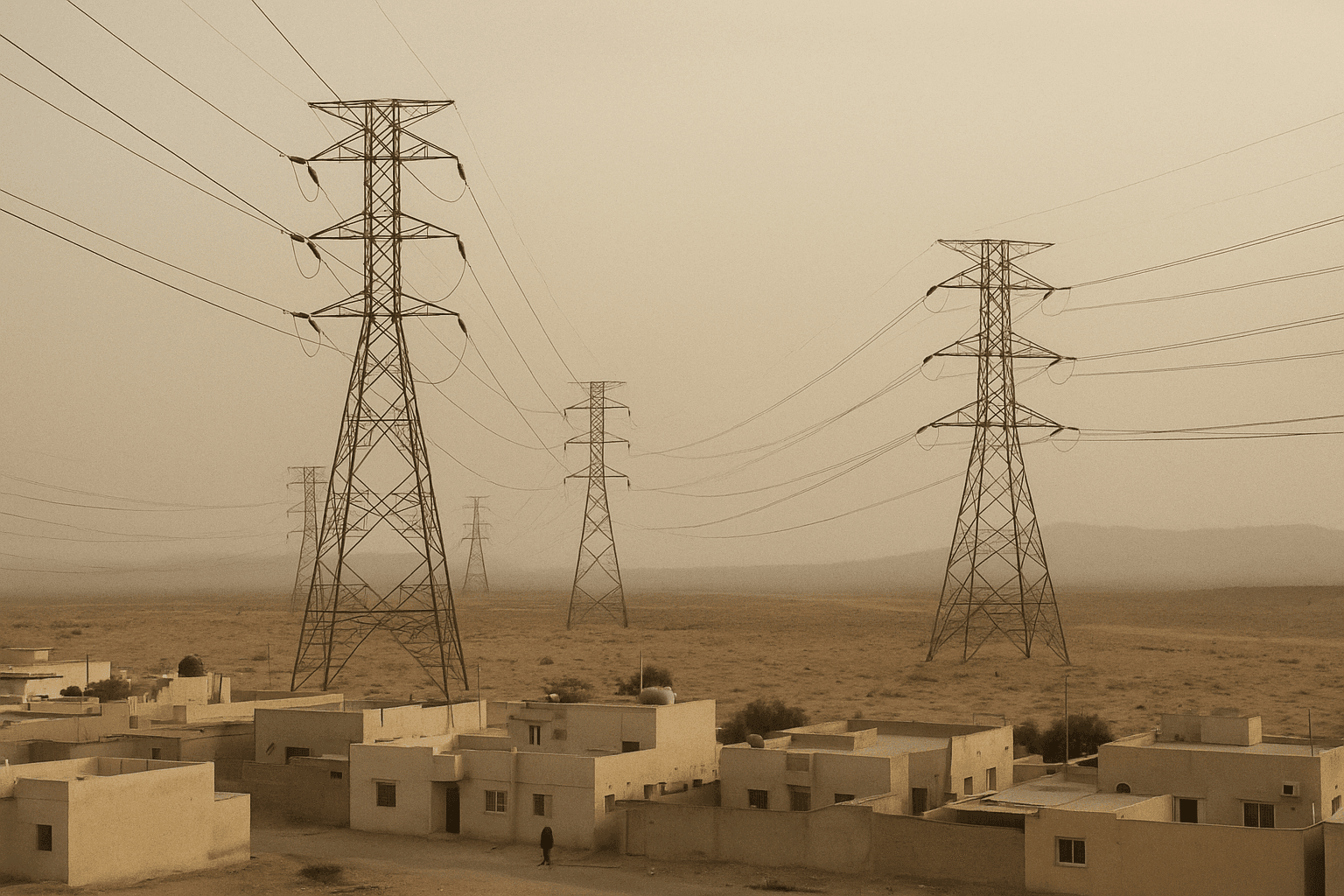 High-voltage transmission towers and power lines stretch over low-rise houses on the edge of a desert city under a hazy afternoon sky.