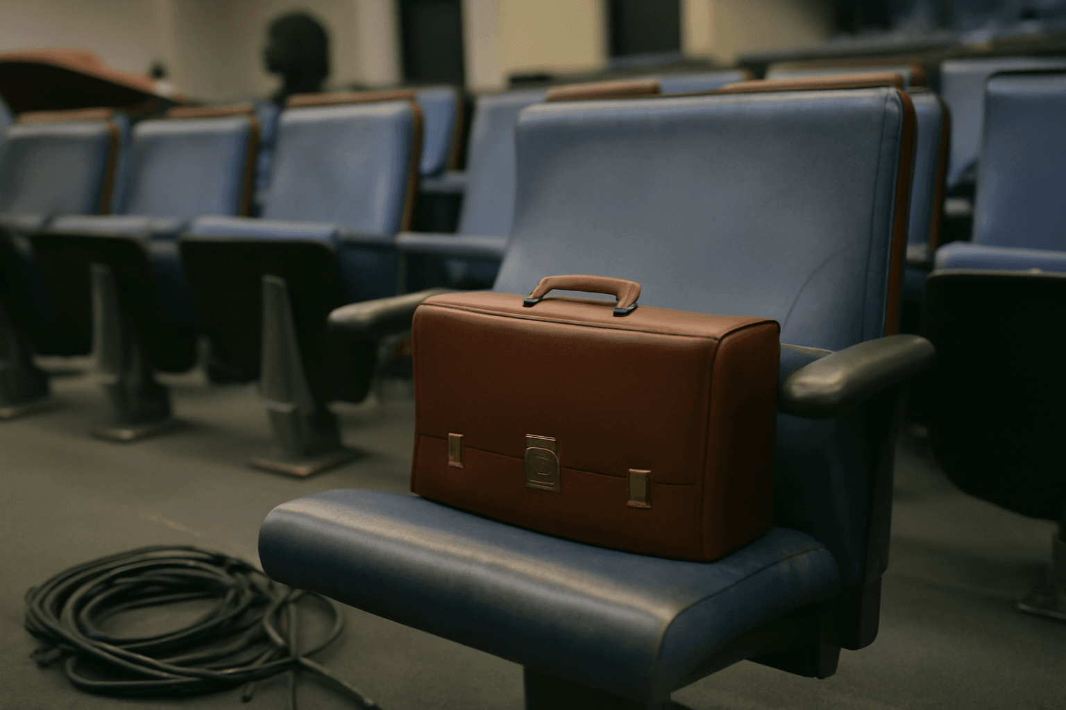 A briefcase resting on the worn seat of an empty press briefing room chair, with cables coiled on the floor nearby.