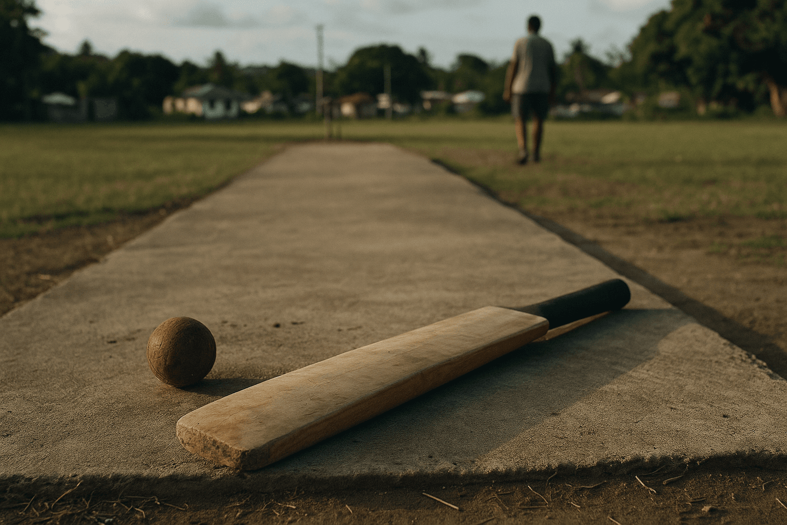 A cricket bat and a worn leather ball resting on a concrete pitch at a village ground in the Caribbean in late afternoon light.