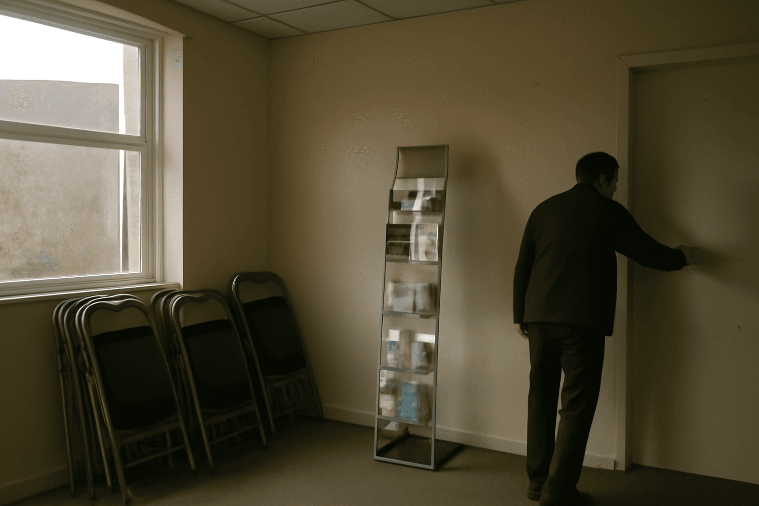 A quiet constituency office with stacked folding chairs beside a window and a leaflet stand, a hand reaching for the light switch.