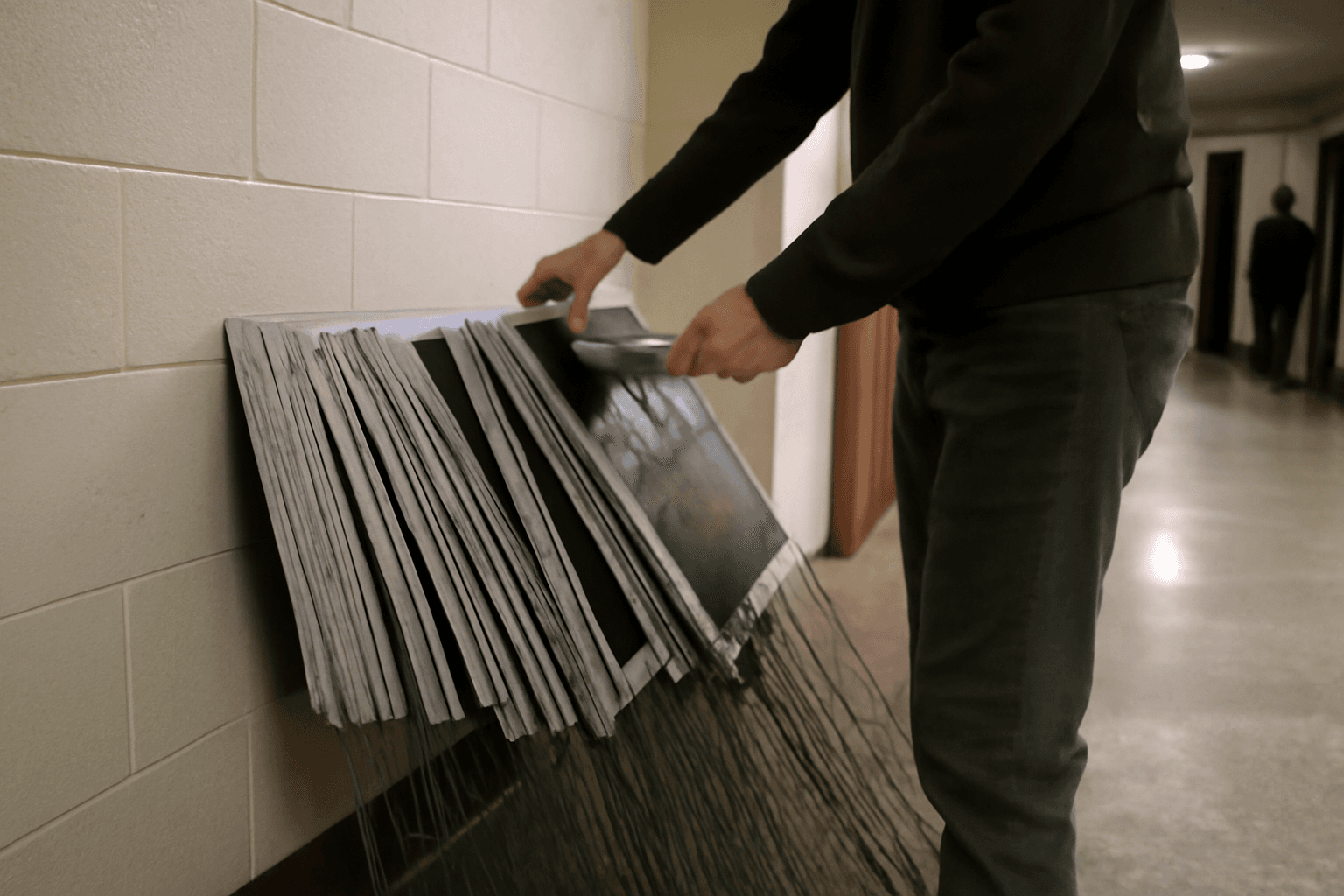 Stacked campaign yard signs leaning against a wall in a dim community hall hallway as a volunteer's hands sort through them ahead of the midterm elections.