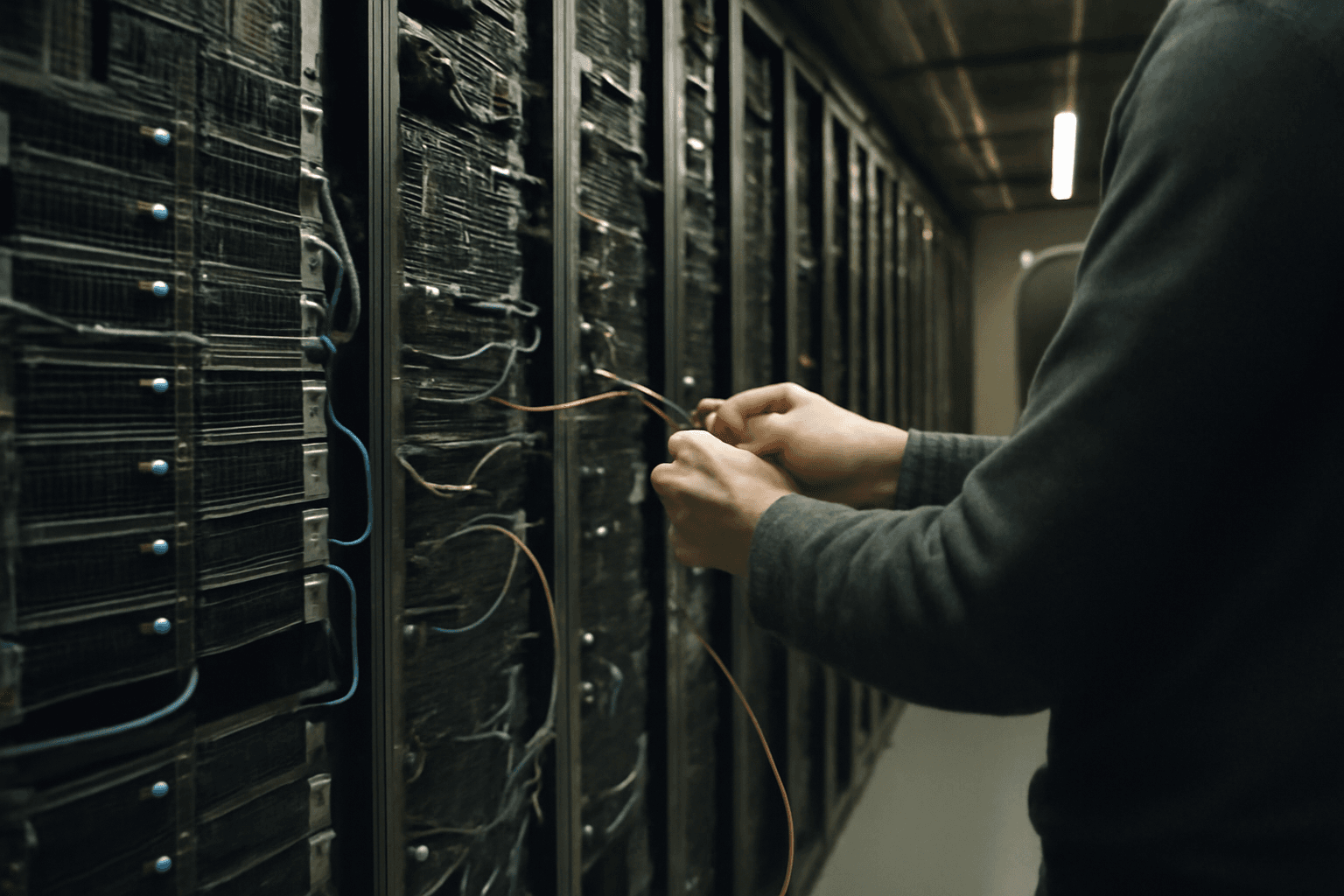 Rows of humming computer servers inside a dim data centre corridor, with a technician's hands adjusting a cable at a rack.