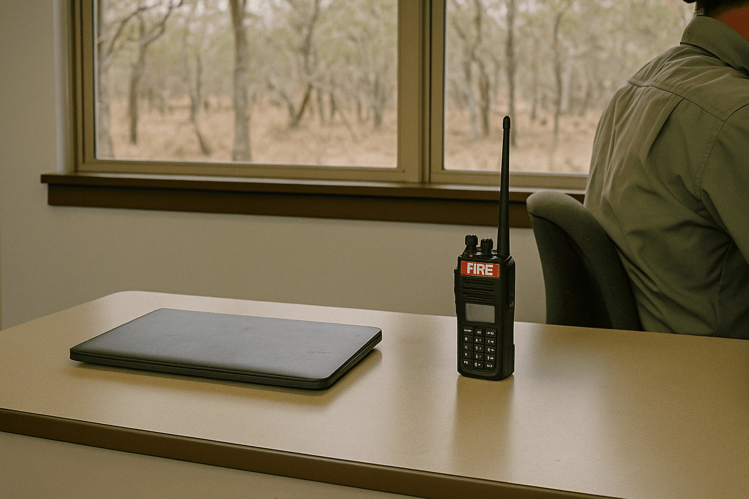 A closed laptop and a fire radio sit on the desk of an empty national parks ranger office, with dry bushland visible through the window behind.