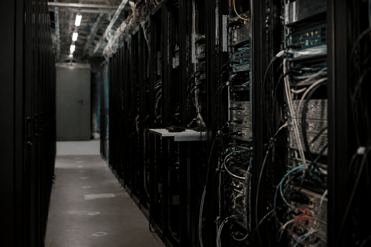 Rows of server racks and cabling in a dim data centre aisle.