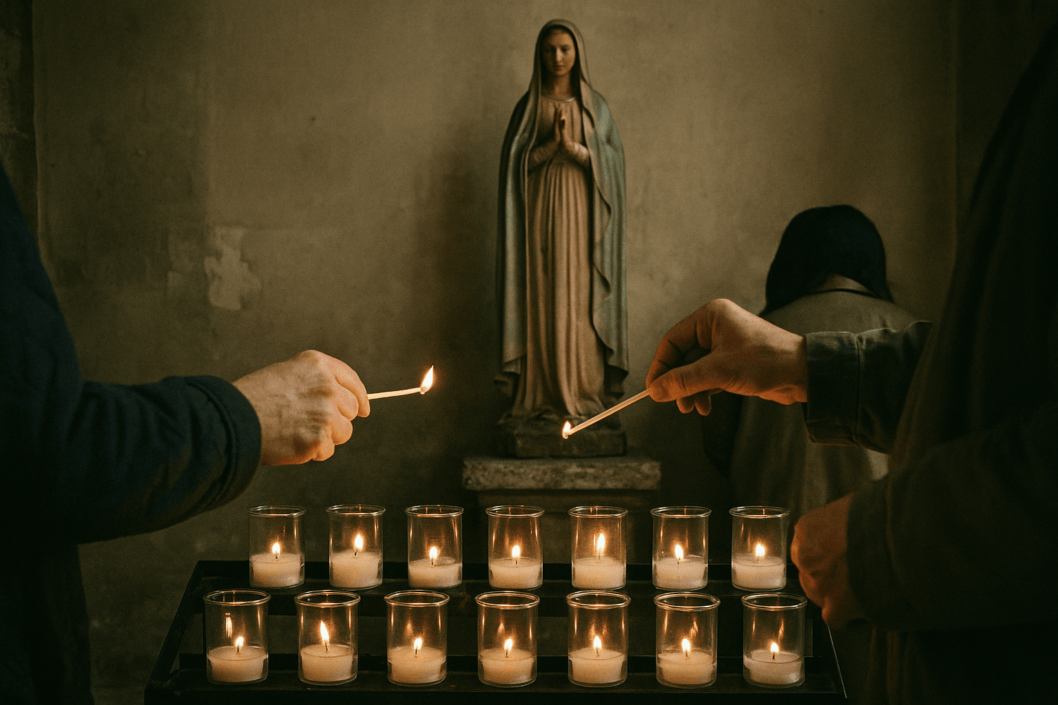 Hands light thin votive candles in glass holders before a small statue of the Virgin Mary in a dim parish side chapel.