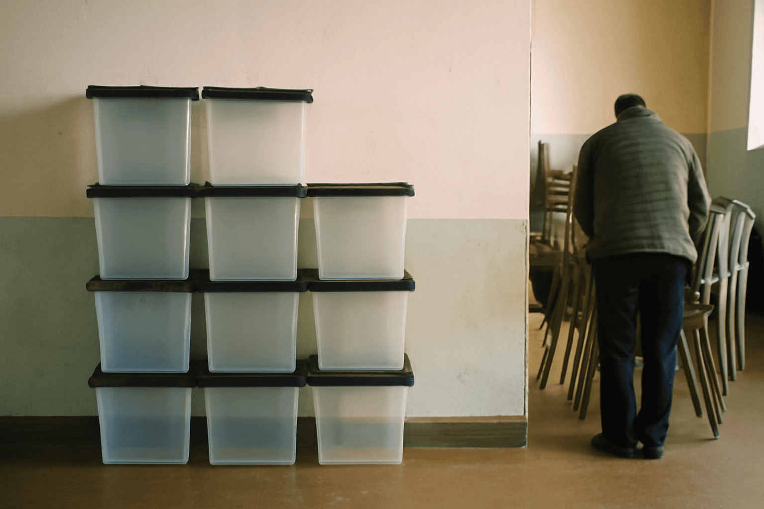 Empty ballot boxes stacked against a wall of a quiet community hall, a figure seen from behind sorting chairs nearby.