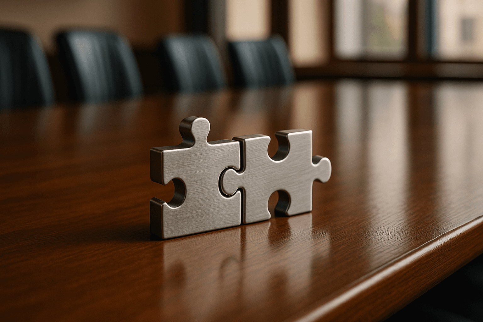 Two interlocking metallic puzzle pieces resting on a polished mahogany boardroom table, symbolizing corporate integration and strategic alignment.