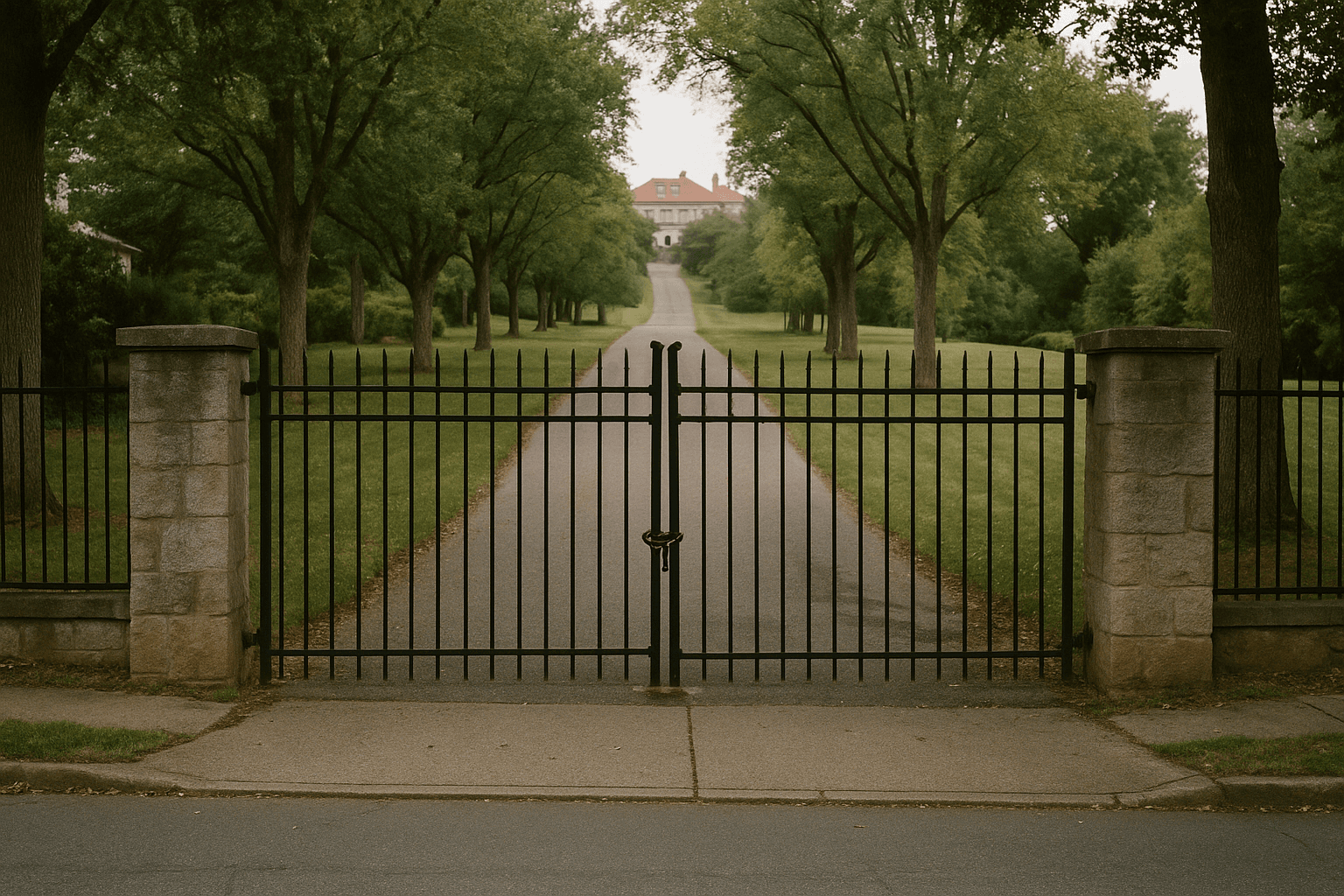 A locked wrought-iron gate across a tree-lined drive leading up to a grand hilltop estate, seen from the quiet residential street below.