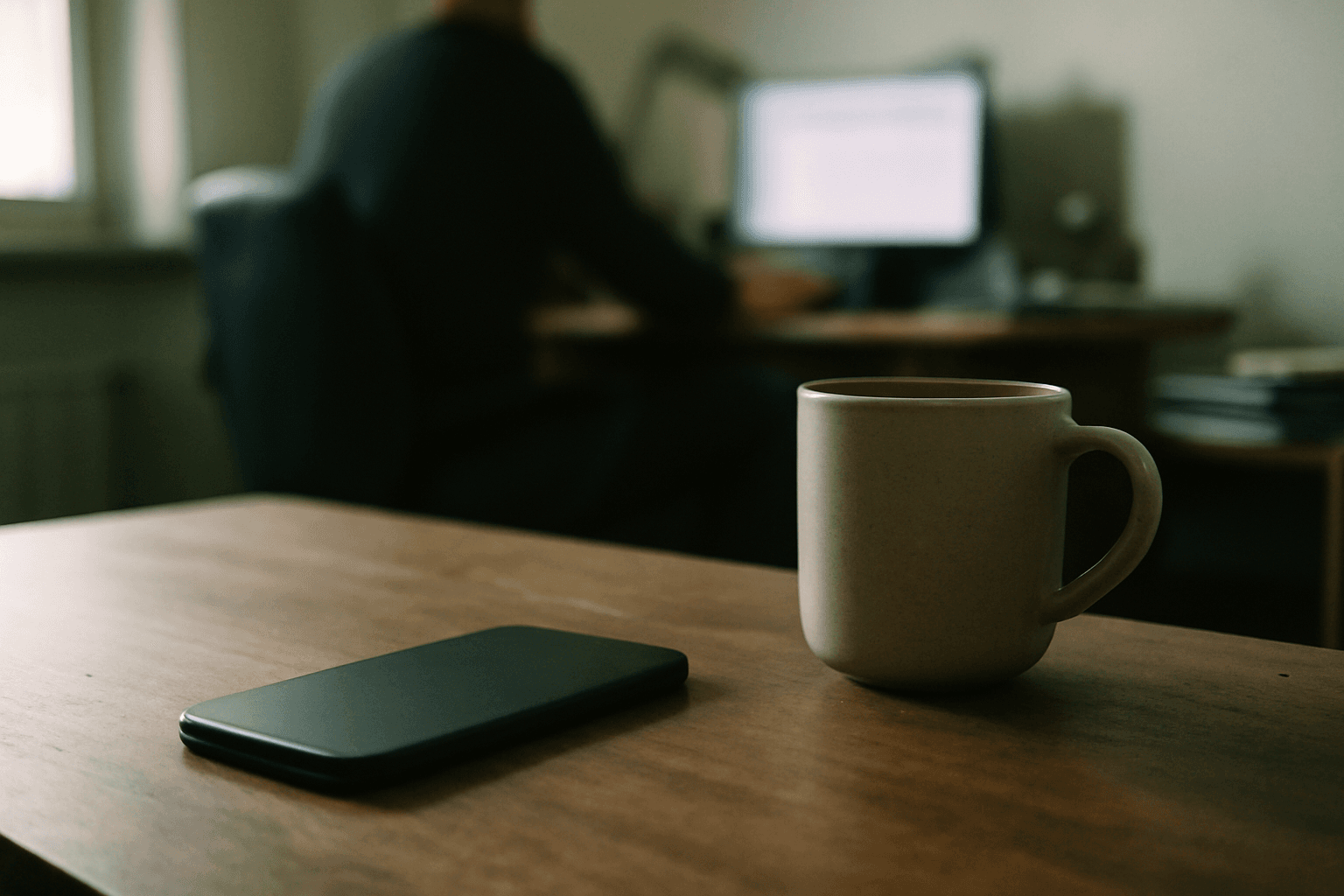 A smartphone lying face down on a wooden desk beside a coffee mug in a dim home office.
