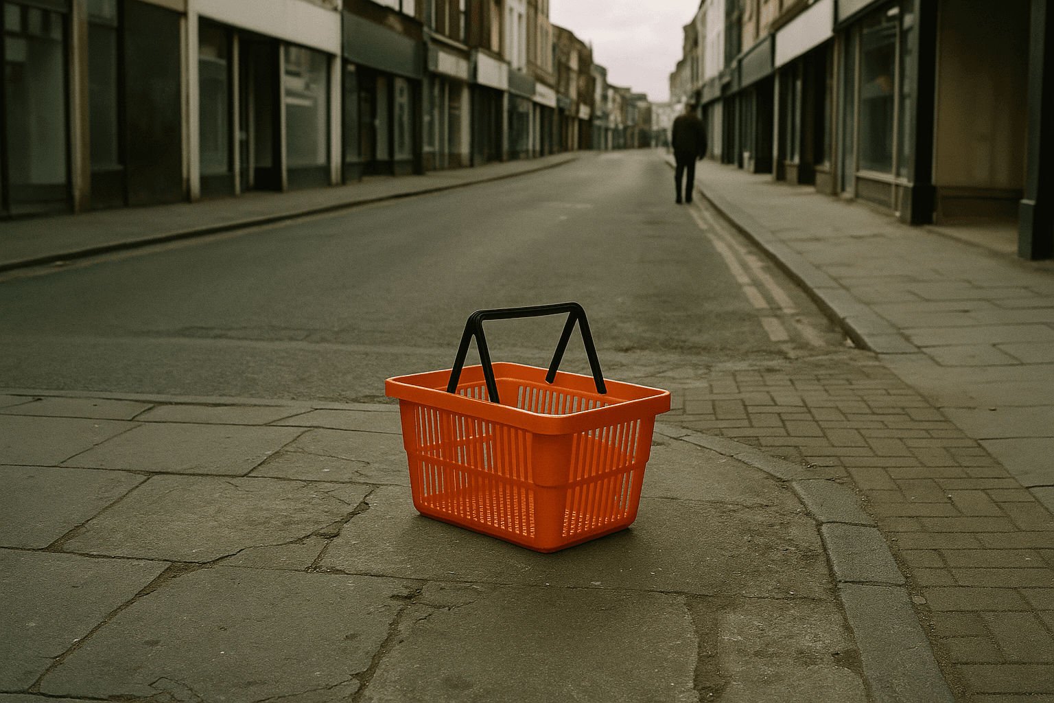 A solitary, brightly colored shopping basket sits abandoned on the cracked pavement of an empty high street, symbolizing retail uncertainty.