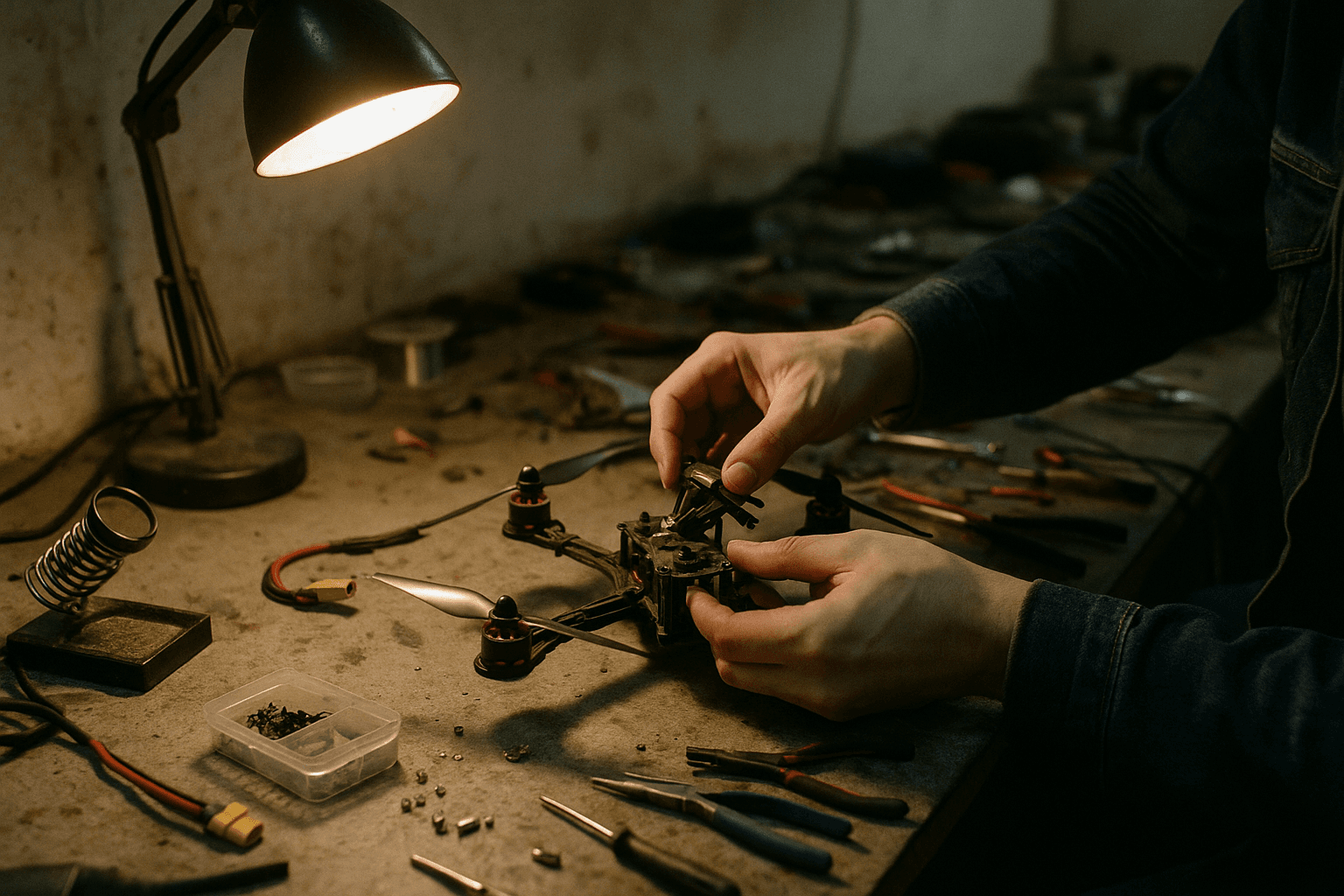 A technician's hands assemble a small quadcopter drone on a cluttered workshop bench under a work lamp.