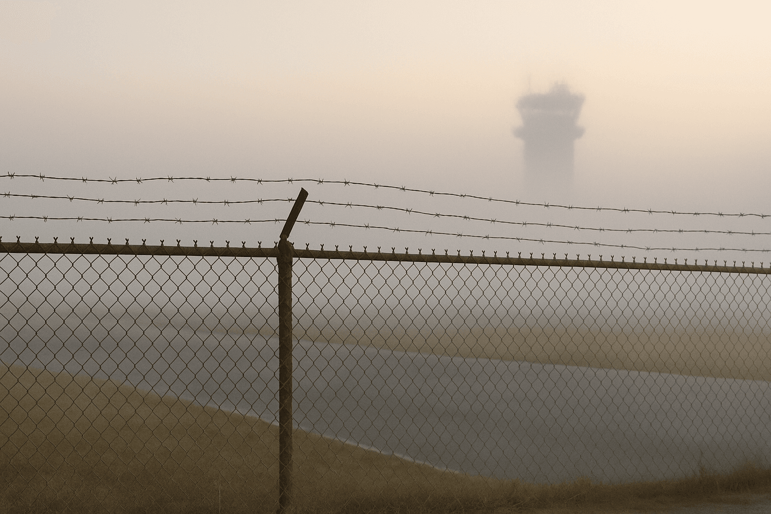 A rusted chain-link fence borders a quiet, fog-drenched runway at dawn, where the faint outline of a control tower fades into the grey morning mist.
