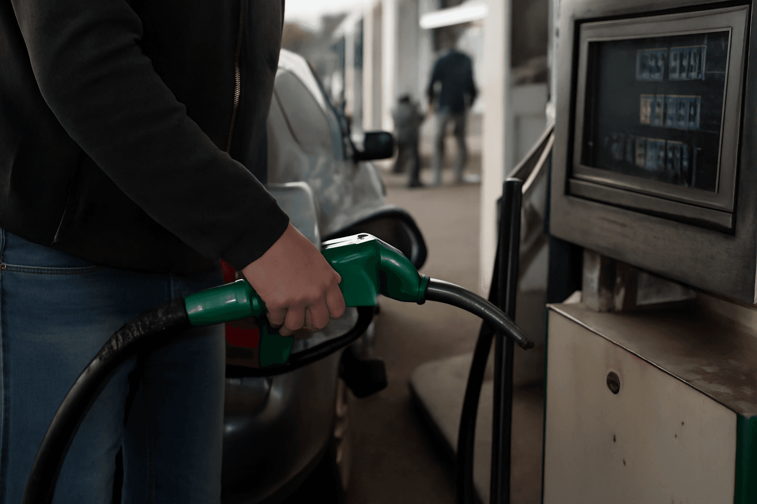 A car refuelling at a petrol station forecourt, a hand gripping the pump nozzle, digits climbing on the dim display