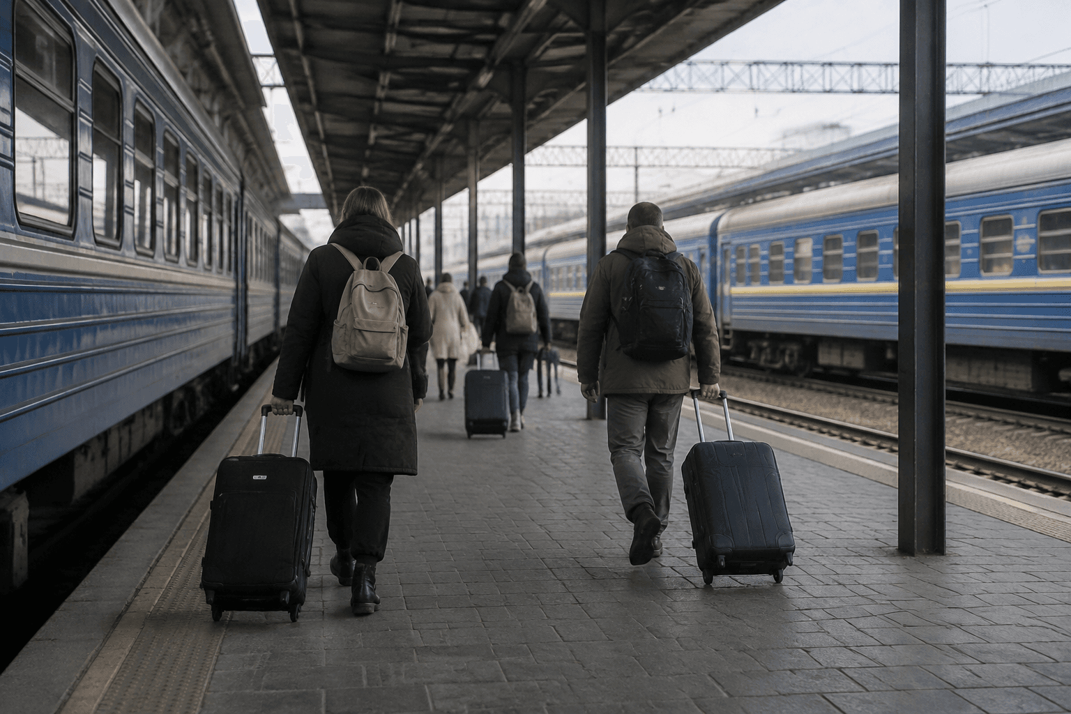 Travellers with suitcases walking along a covered railway platform in Ukraine as trains stand at the platforms.