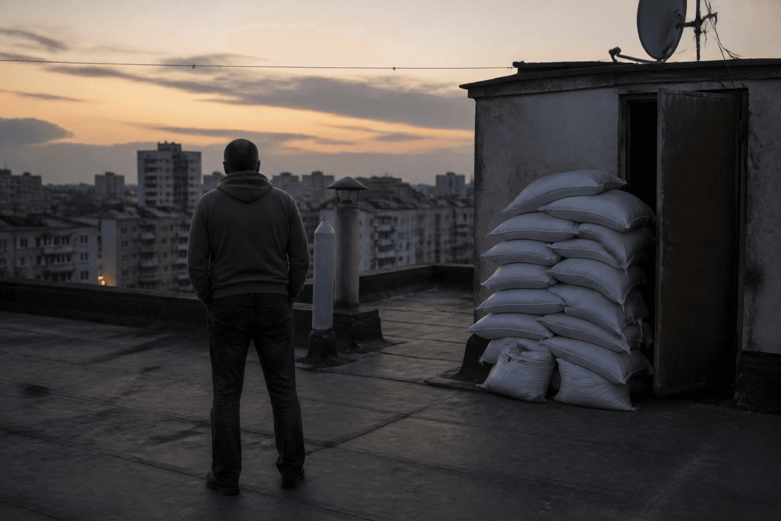 A man seen from behind on the rooftop of an ordinary apartment block at dusk, sandbags stacked beside the stairwell door.