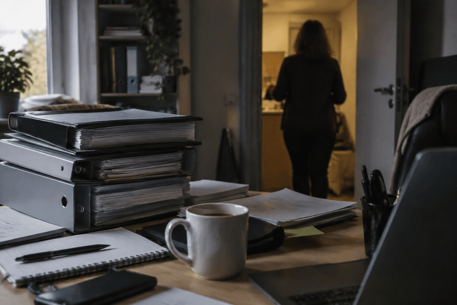 A Home Office desk left mid-work with stacked ring binders and a half-drunk cup of tea under dim office lighting, a figure seen from behind in the doorway.