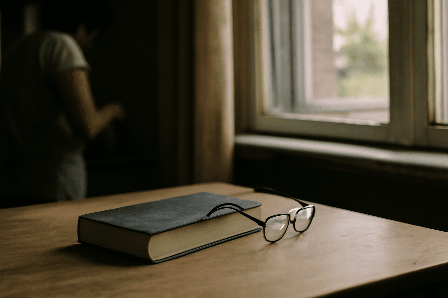 A closed hardcover book and a pair of reading glasses resting on a wooden table beside a sunlit window.