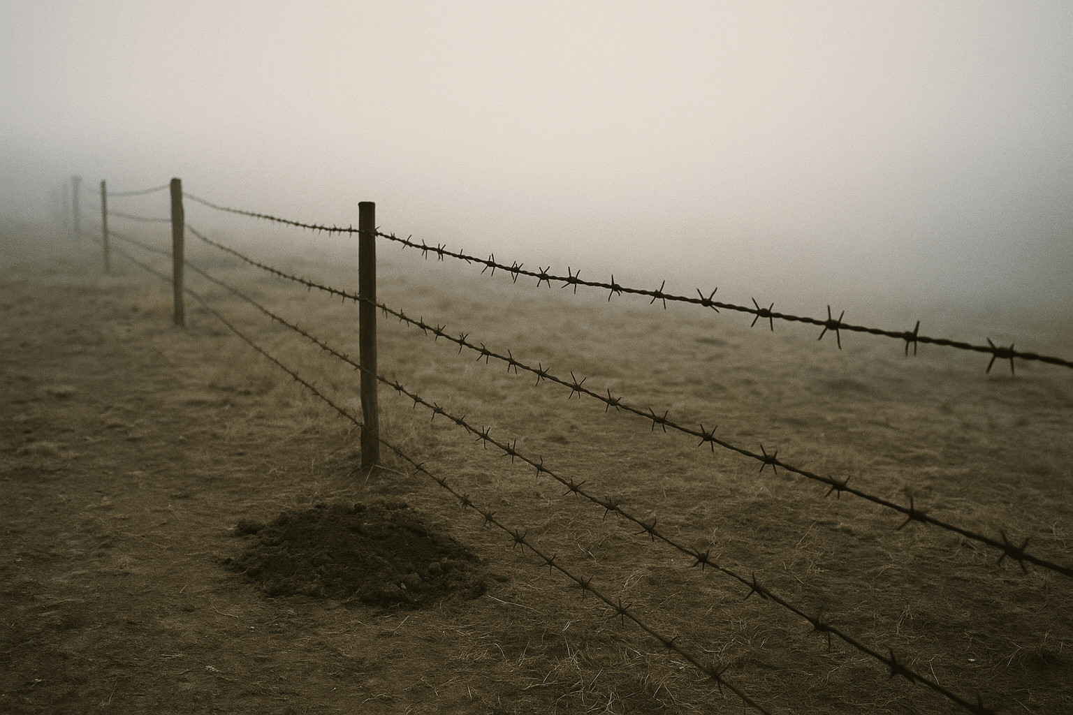 A rusted barbed wire fence stretches across a misty, barren landscape, with a single disturbed patch of earth marking the boundary line.