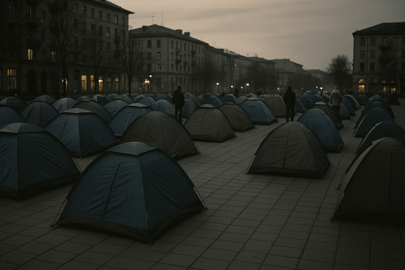 Tents pitched in rows across a paved city square at dusk, with a handful of figures standing among them seen from far away.