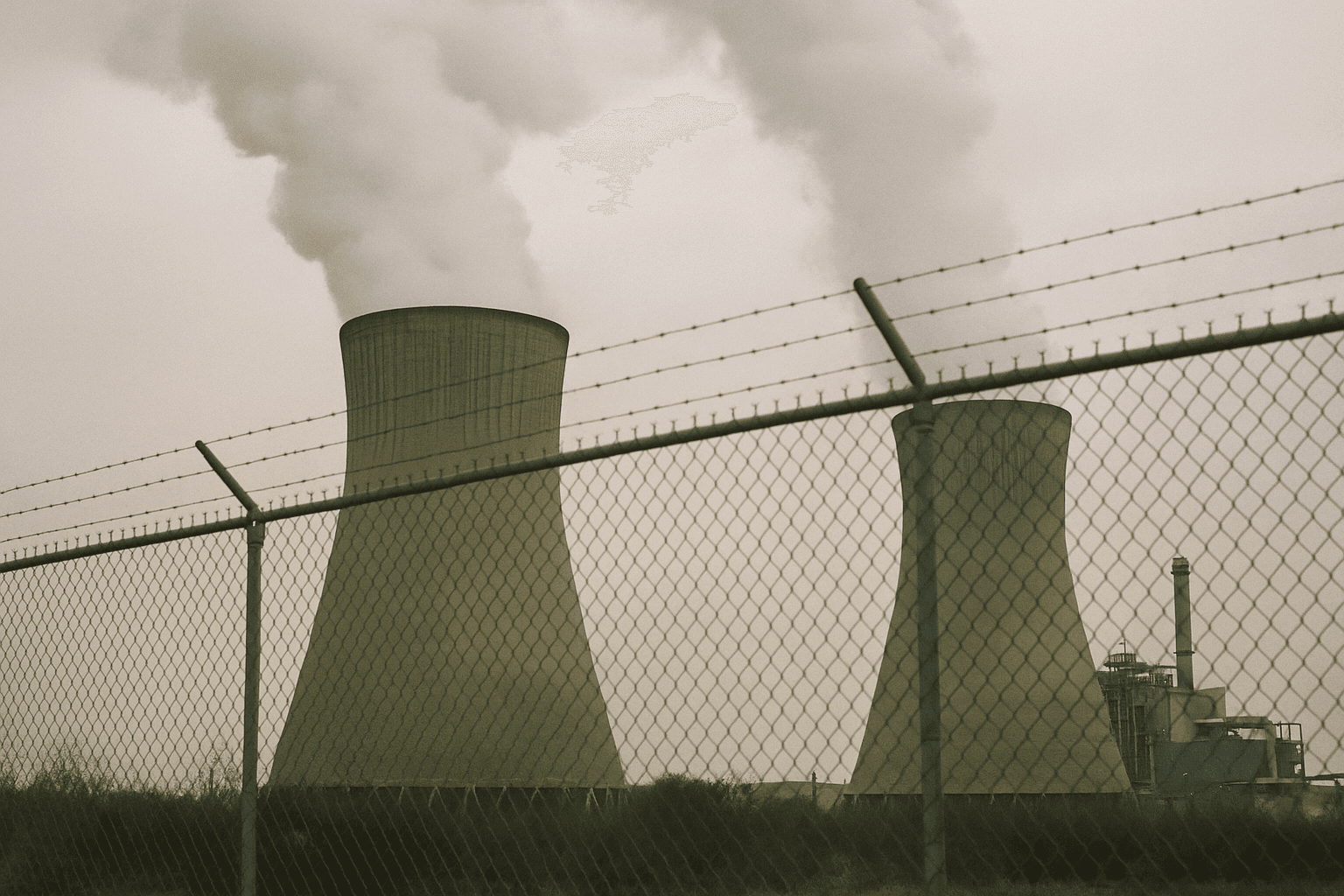 Steam drifts from the cooling towers of a gas-fired power plant behind a chain-link fence on an overcast morning.