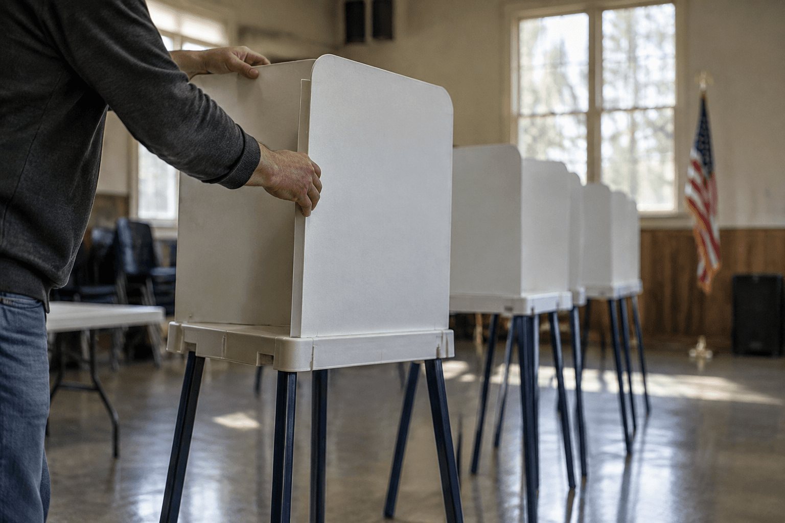 A polling station worker's hands setting out folding voting booths in a quiet California community hall ahead of Election Day.
