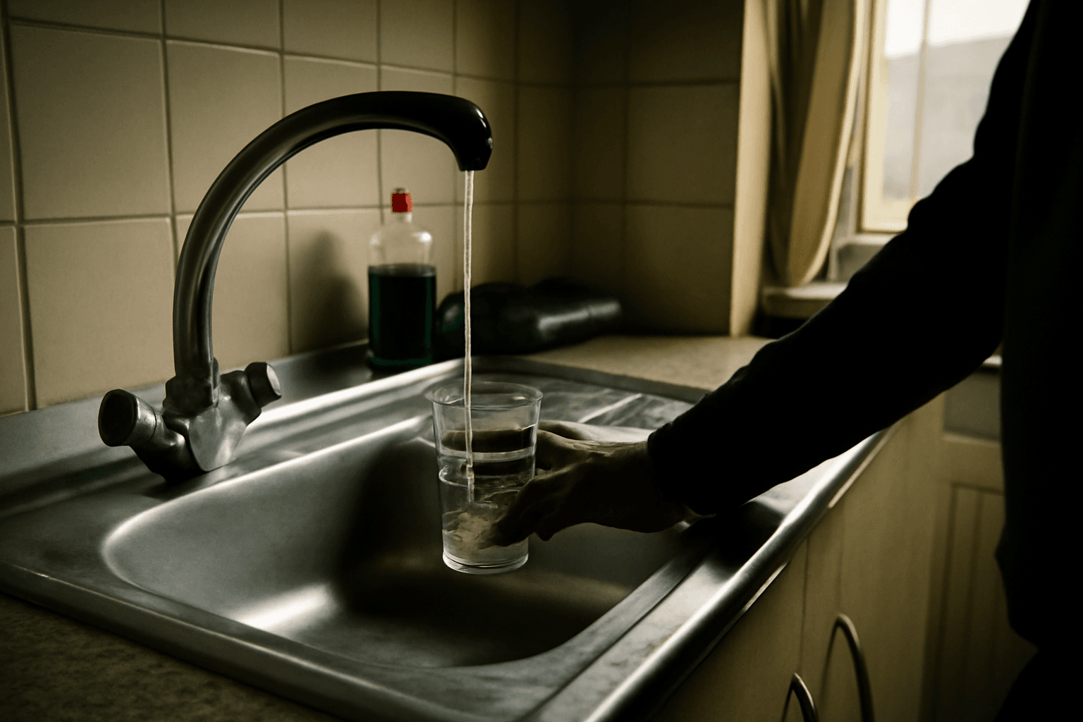 A trickle of water runs from a kitchen tap into a half-filled glass in a dim London flat.