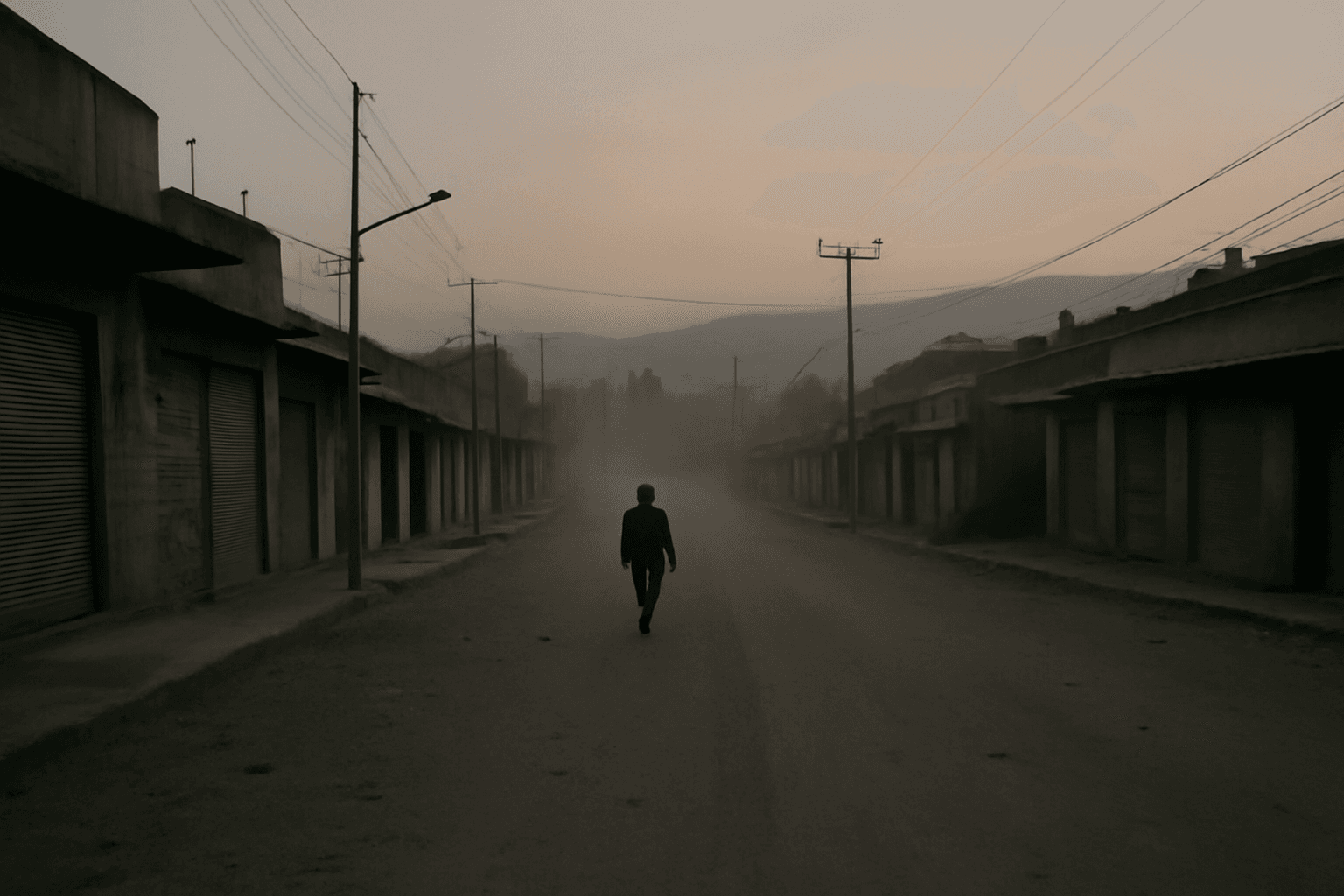 A near-empty street at dusk with a lone figure walking away past shuttered shopfronts, dust hanging in the air over a northern Ethiopian city.