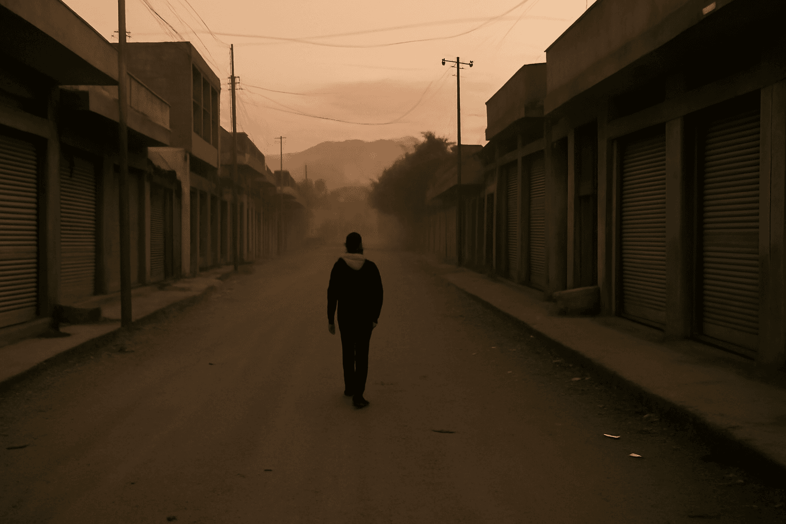 A near-empty street at dusk with a lone figure walking away past shuttered shopfronts, dust hanging in the air over a northern Ethiopian city.