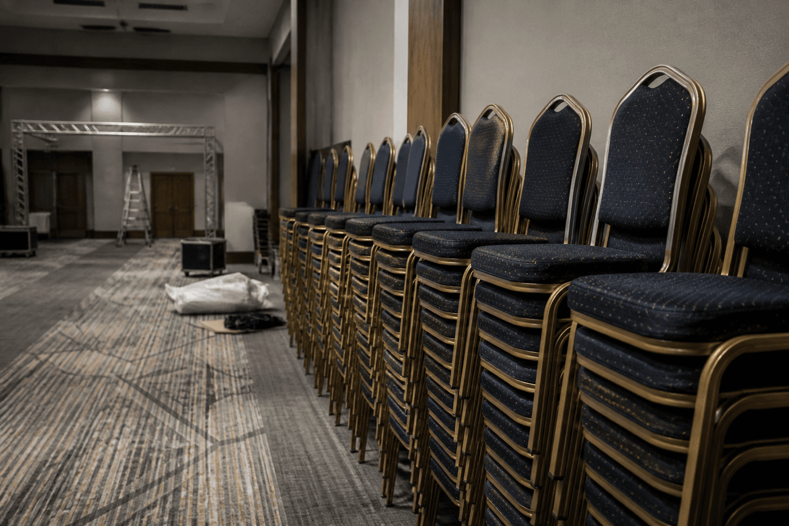 Chairs stacked against the wall of an empty conference hall as staff prepare the venue ahead of a party political gathering.