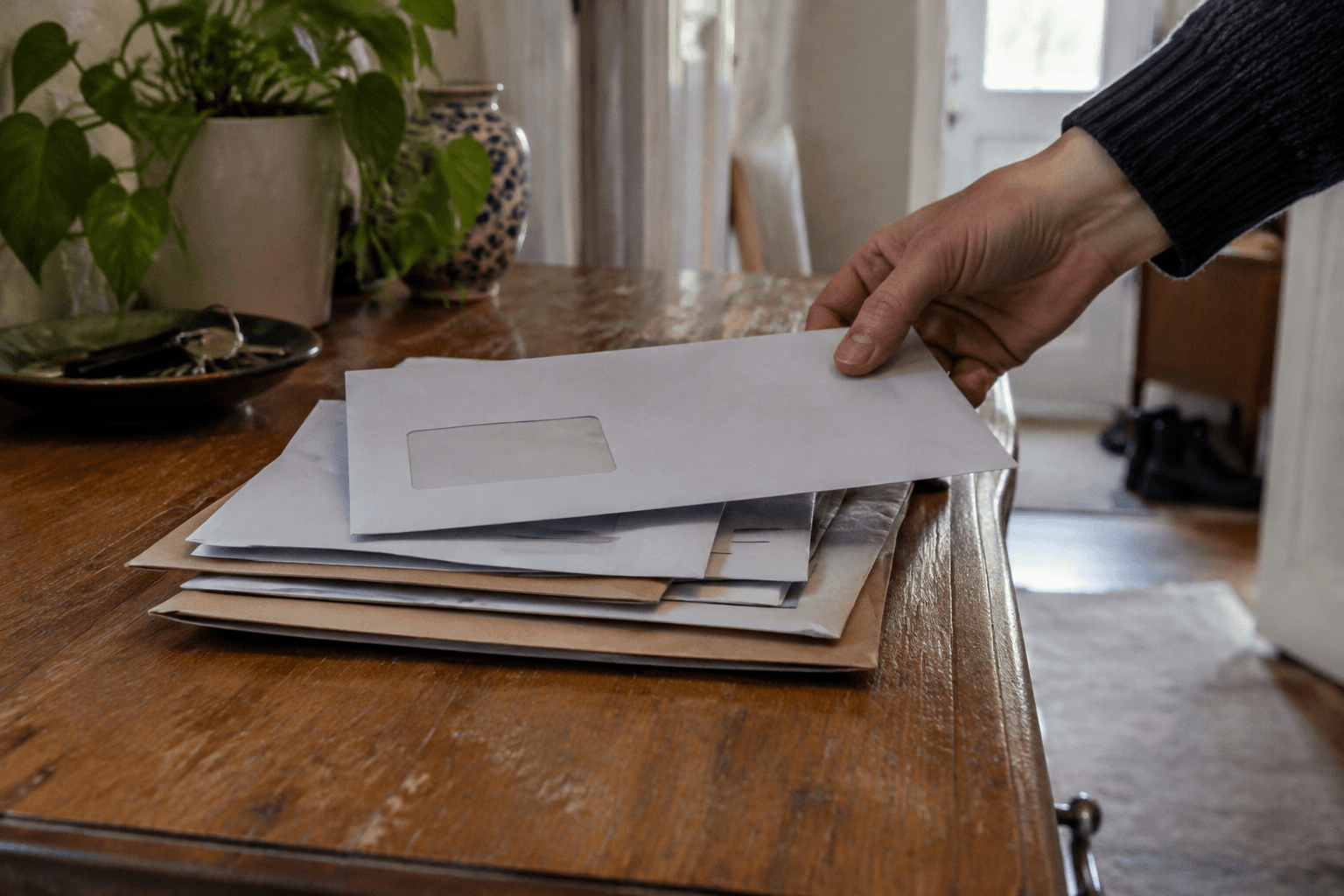 A postal ballot envelope resting in a stack of unopened mail on a wooden table in a home hallway, a hand reaching in from the edge of the frame.