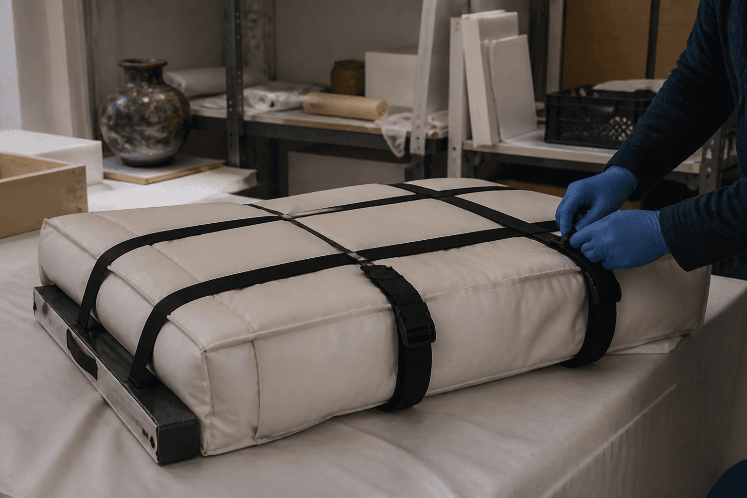 Gloved hands fasten the straps of a padded transport case in a quiet museum workroom as it is prepared for a long-awaited repatriation.