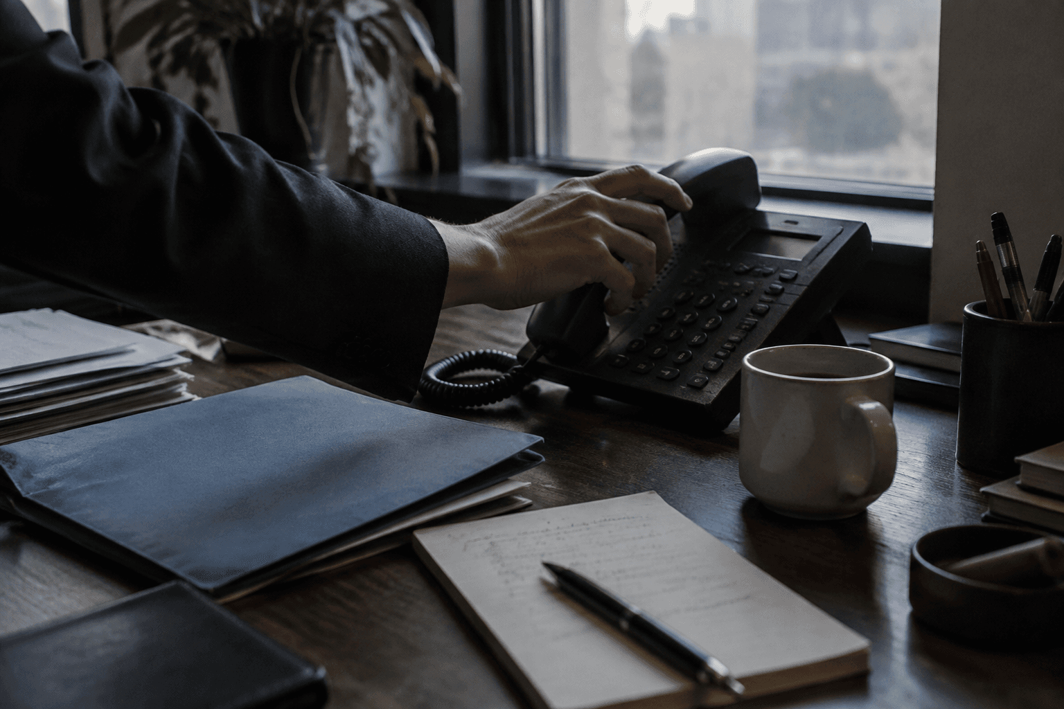 A dim office desk with a telephone, notepads and a half-empty coffee cup beside a small UN-blue folder, a hand reaching for the receiver.
