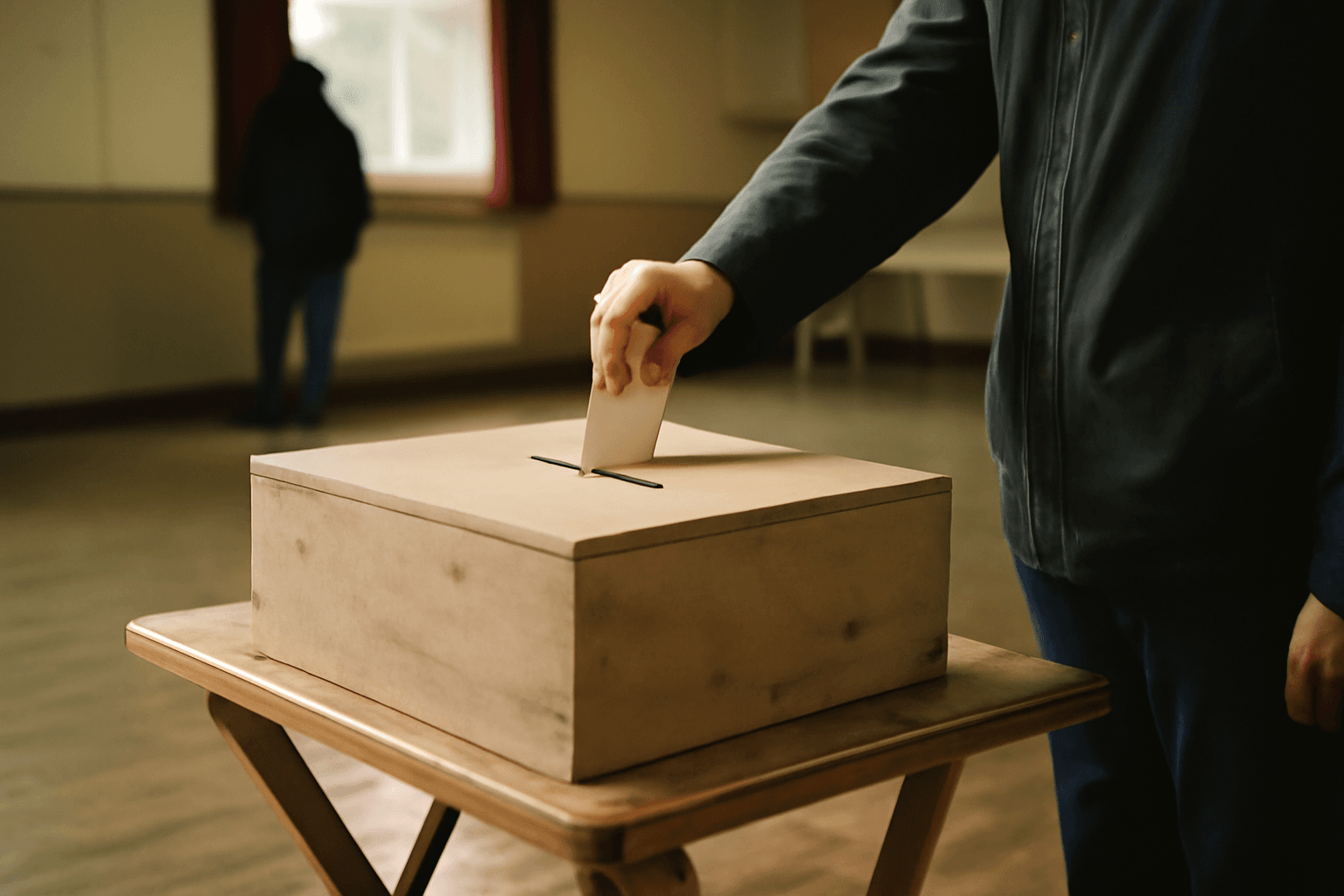 A hand lowers a folded paper slip into a plain wooden ballot box on a trestle table in a village hall.
