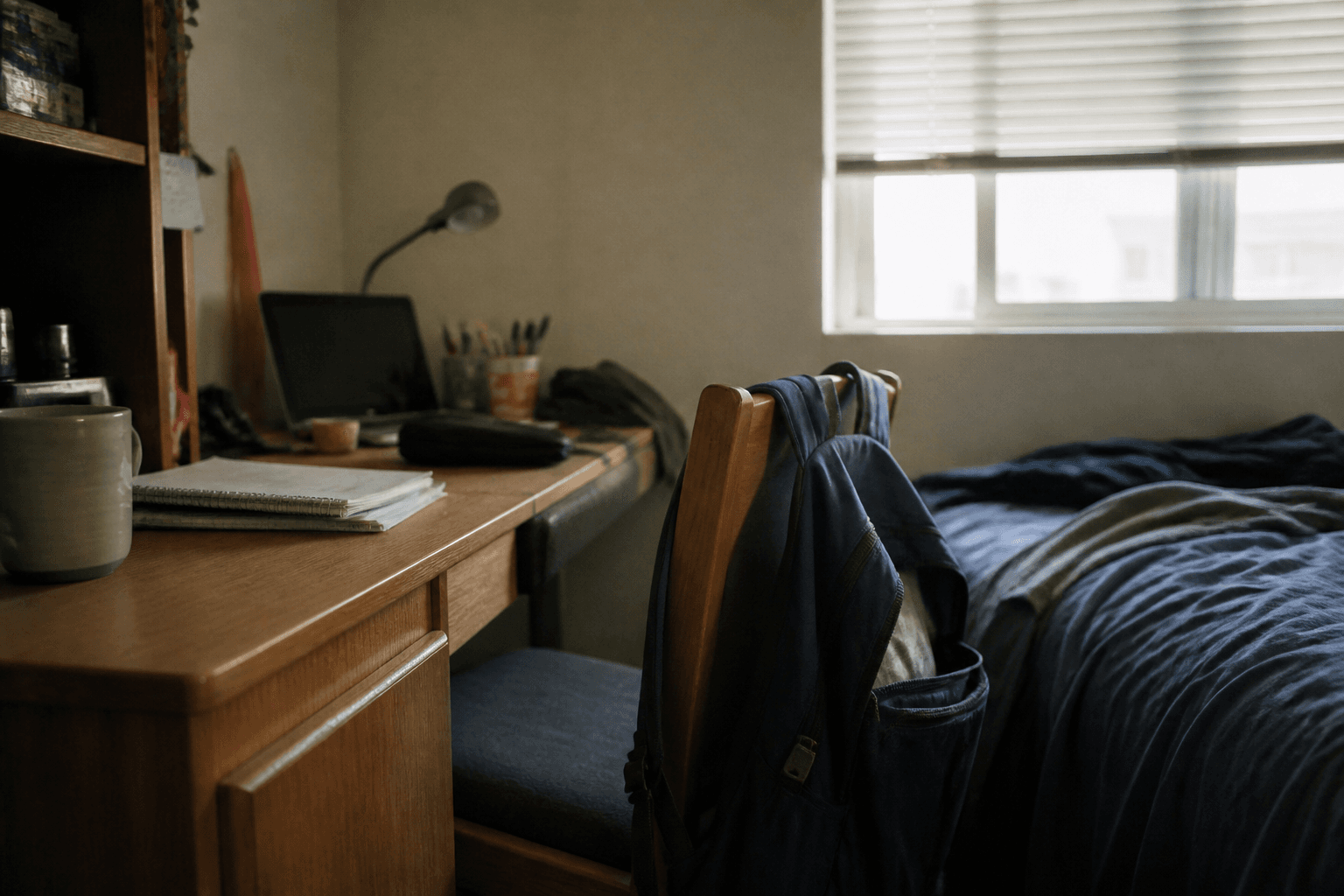 A backpack slung over a chair beside a desk and coffee mug in a small student bedroom, morning light through half-closed blinds.
