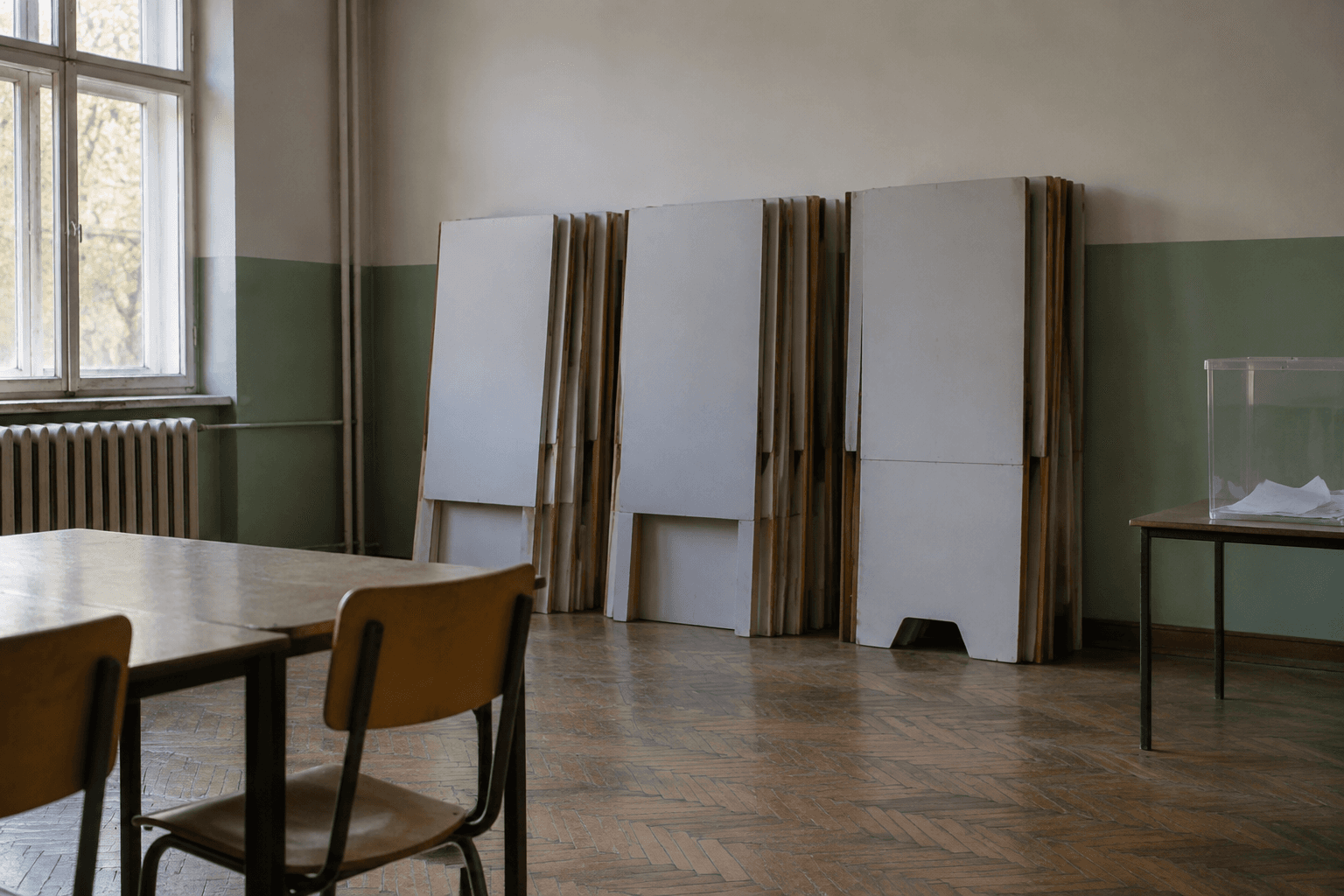 Folded voting booths stacked against the wall of an empty polling station the morning after Serbia's election.