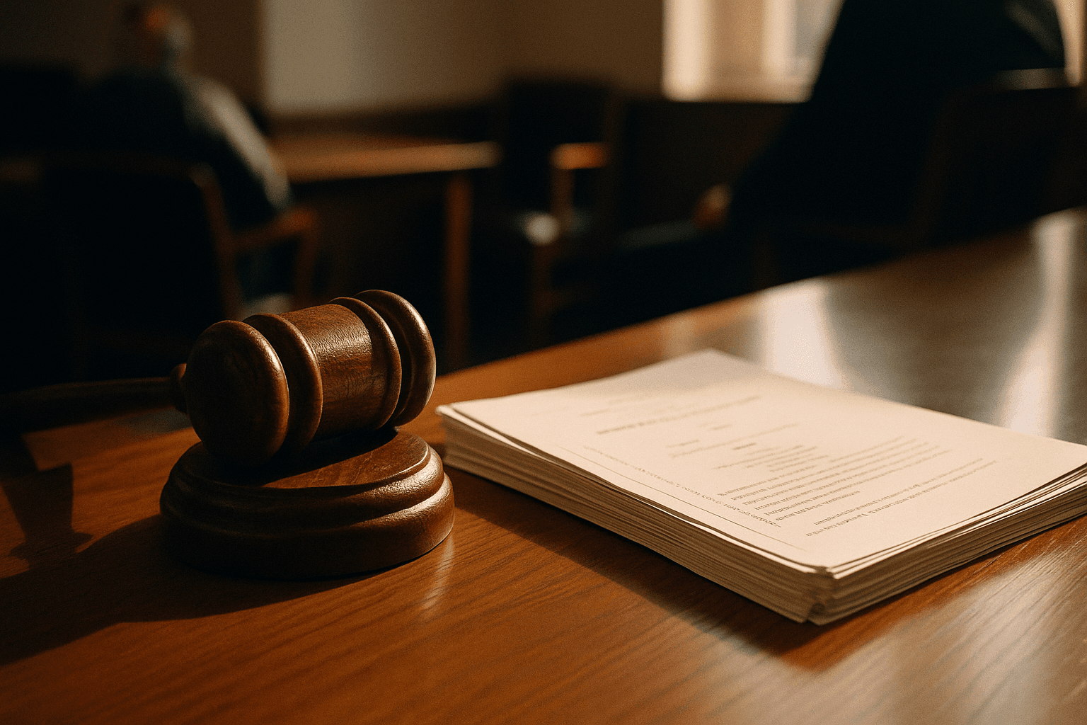 A heavy wooden gavel resting on a polished desk next to a stack of official federal court documents, illuminated by warm afternoon sunlight.