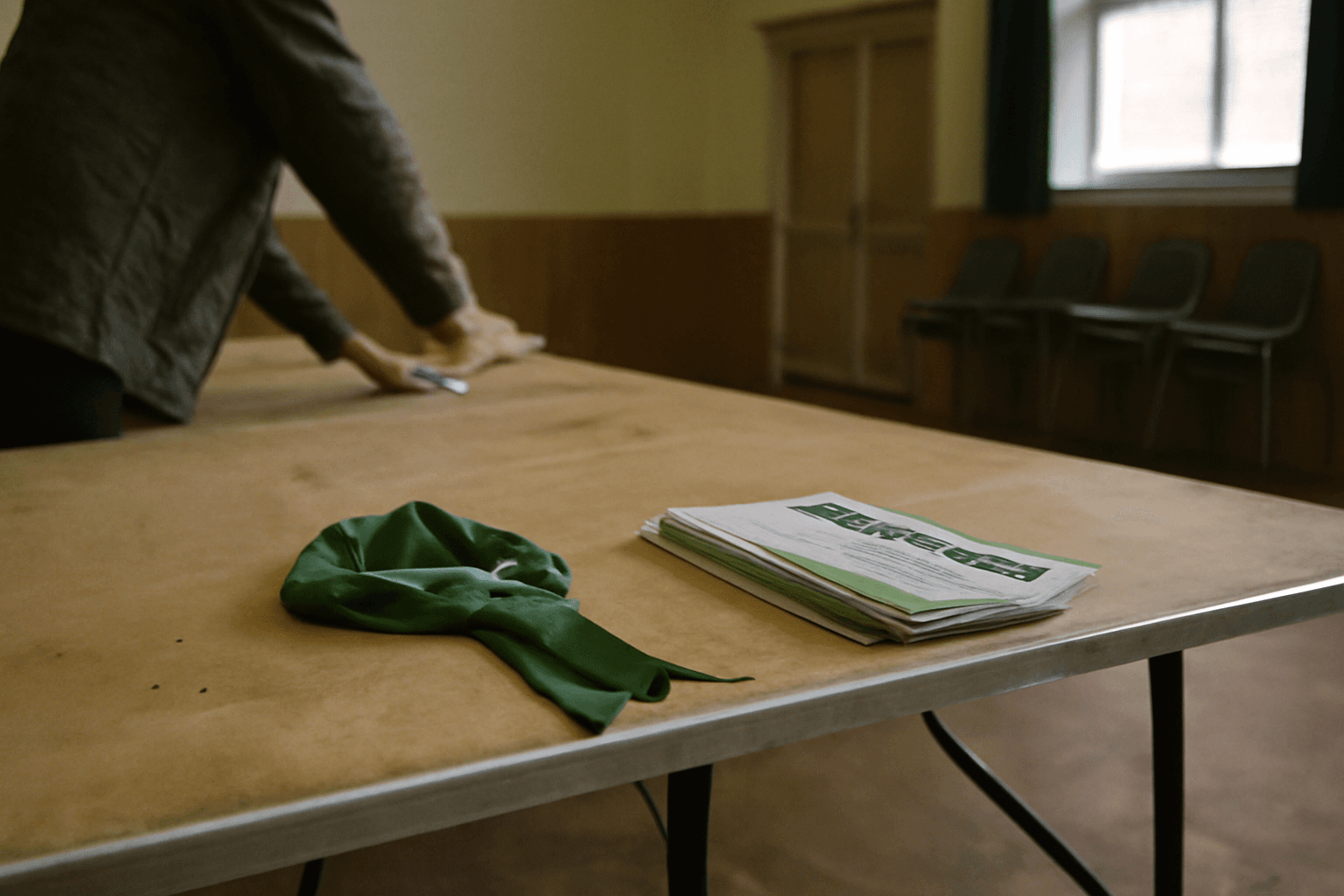 A folded Green Party rosette and leaflets cleared from a trestle table in an empty community hall after polling day.