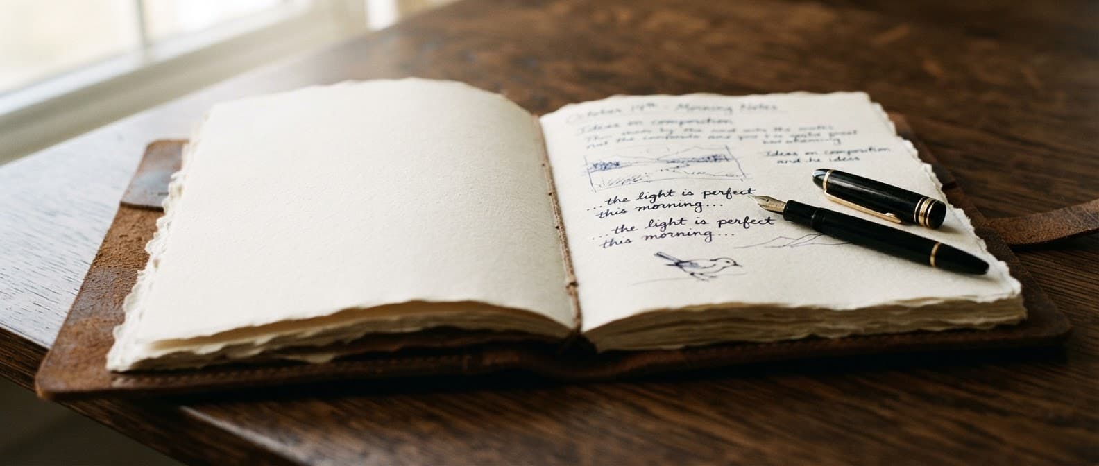 Archival papers and analog writing tools on a reading table